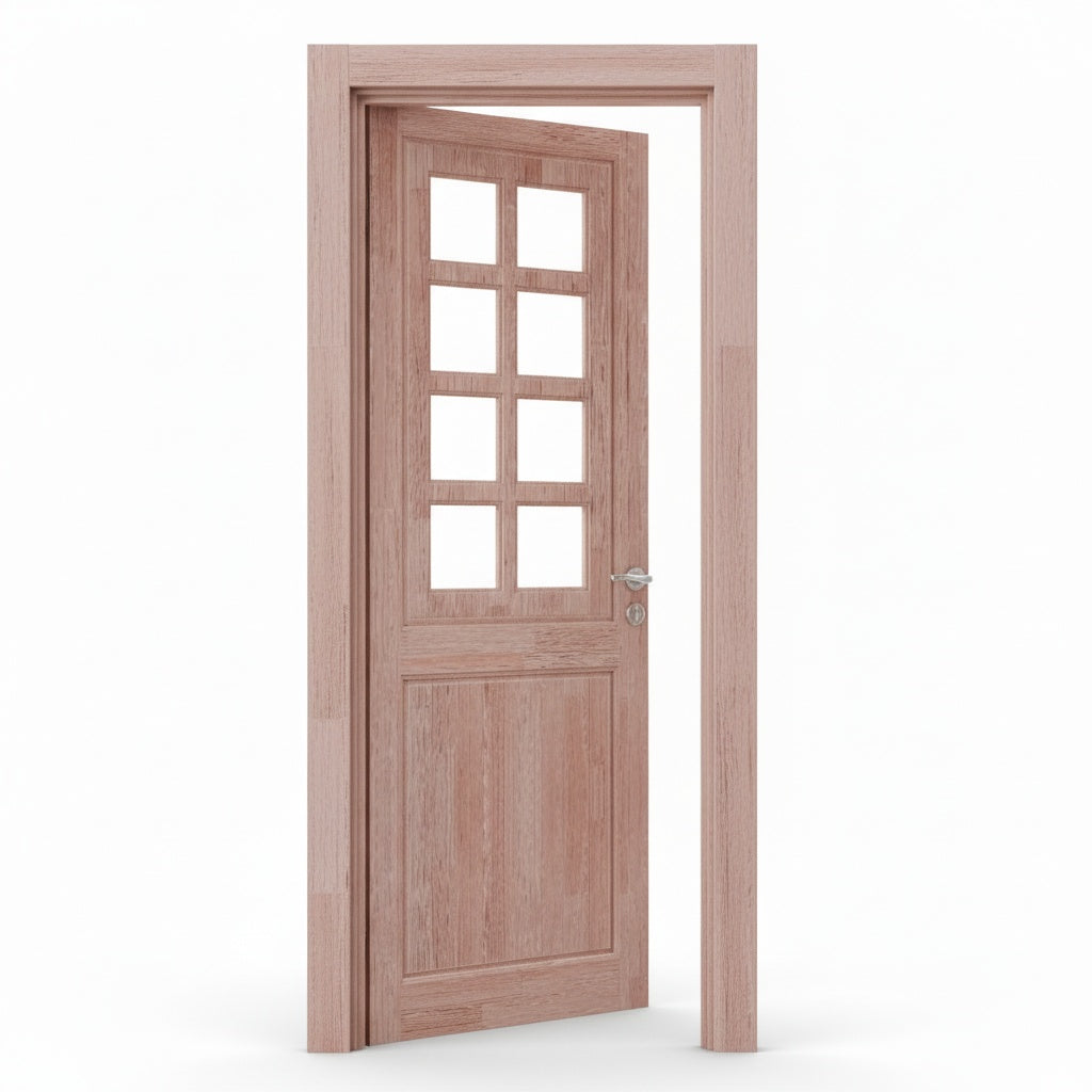 Porta Externa de Madeira Eucalipto Fingada | Ref 28 | Com Vidro | Natural