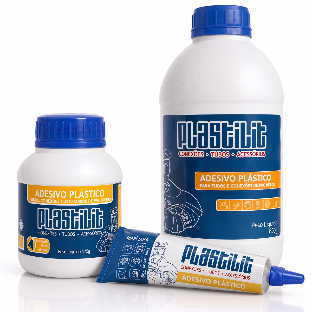 Adesivos PVC soldáveis Plastilit, apresentações para união e vedação de tubos e conexões.