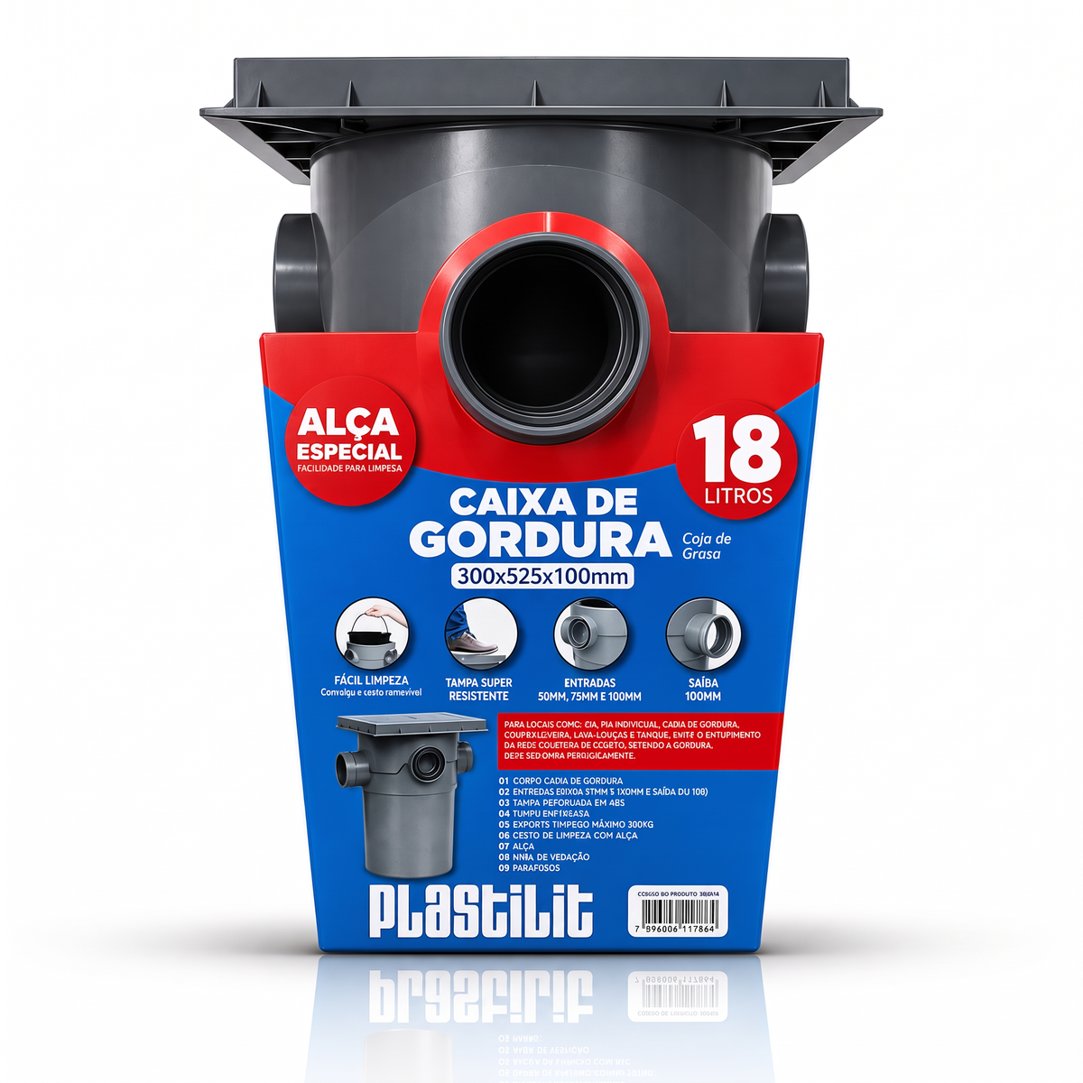 Caixa de gordura Plastilit de 18 L, para reter partículas de gordura no escoamento.