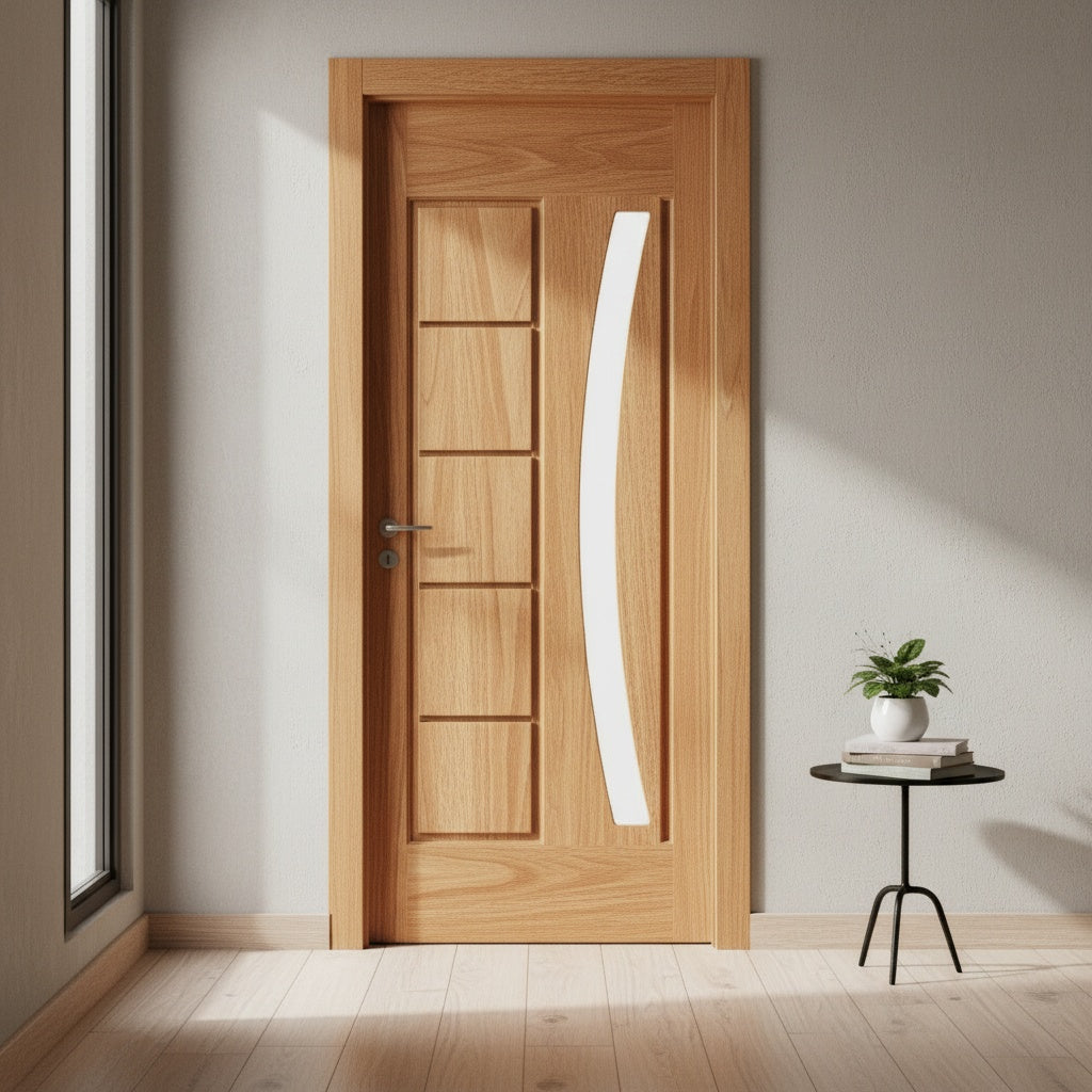 Porta Externa de Madeira Eucalipto Fingada | Ref 31 | Vidro Arco | Natural