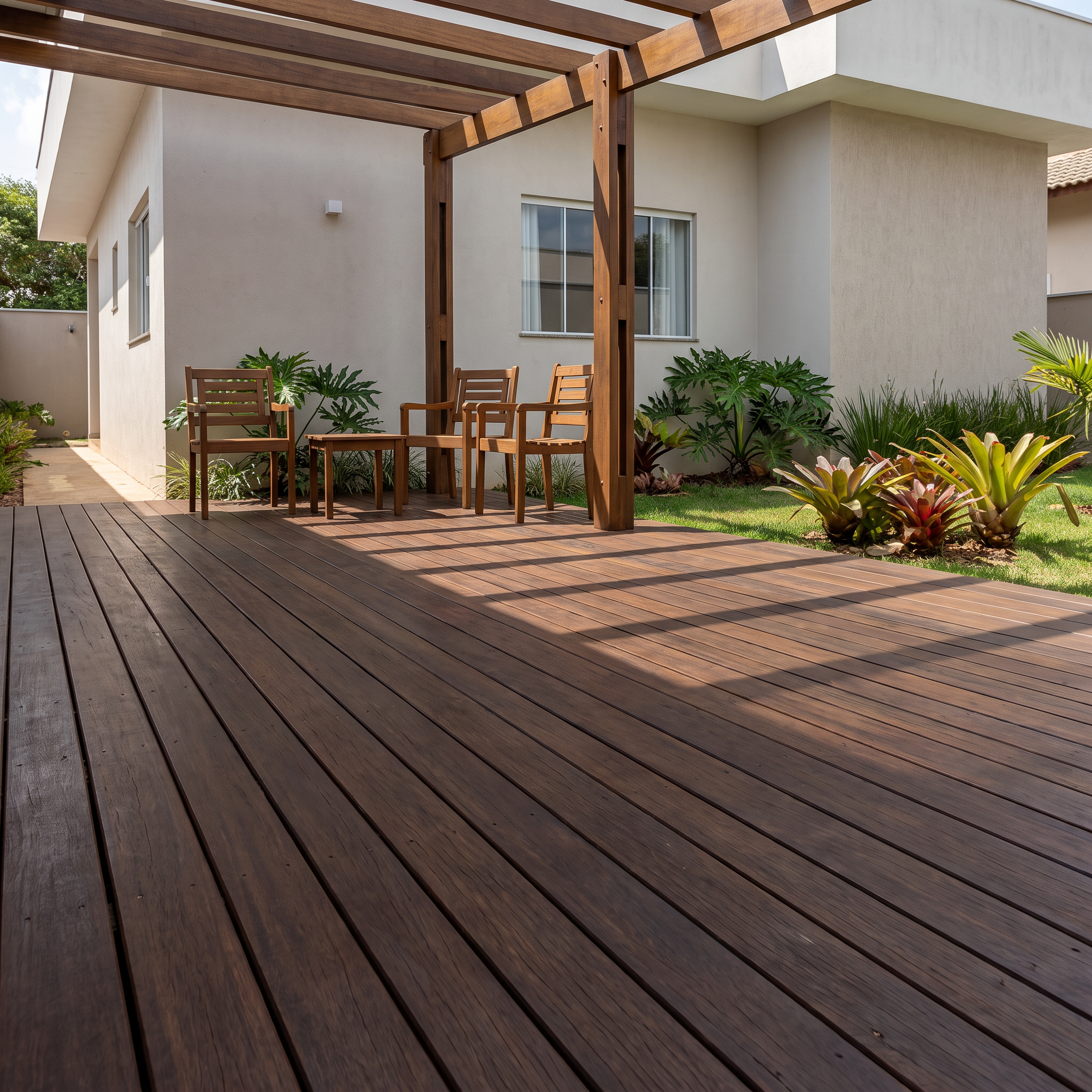 Deck Itaúba 1ª Linha instalado sob pergolado residencial, com réguas escuras e luz solar natural.