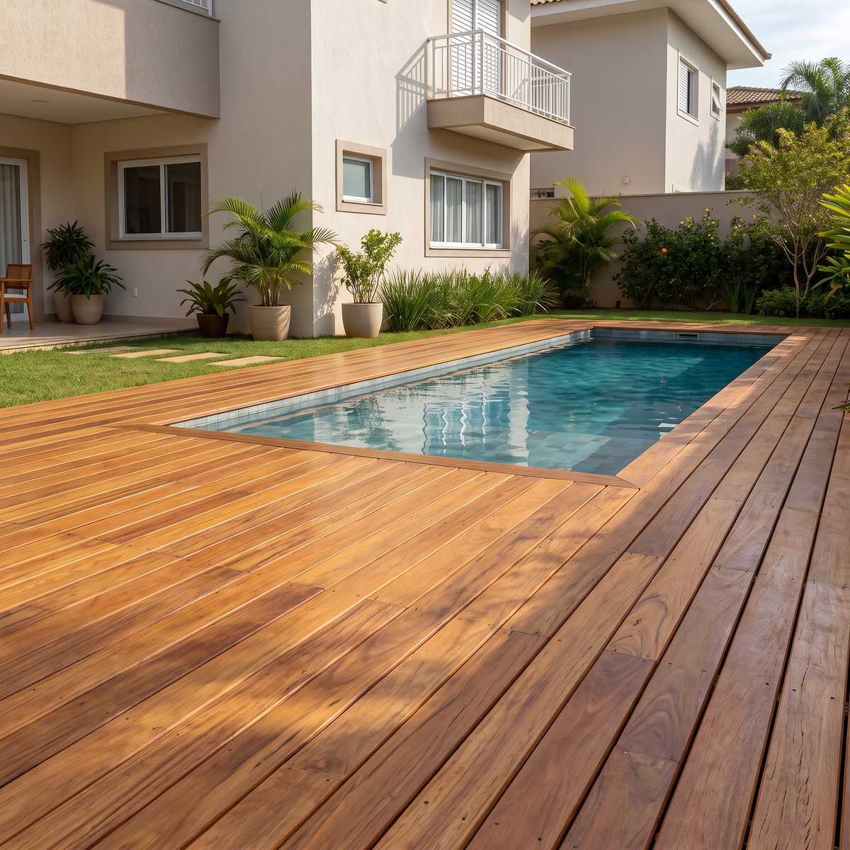 Deck de Sucupira Amarela instalado ao lado de piscina residencial, com réguas douradas sob luz natural.