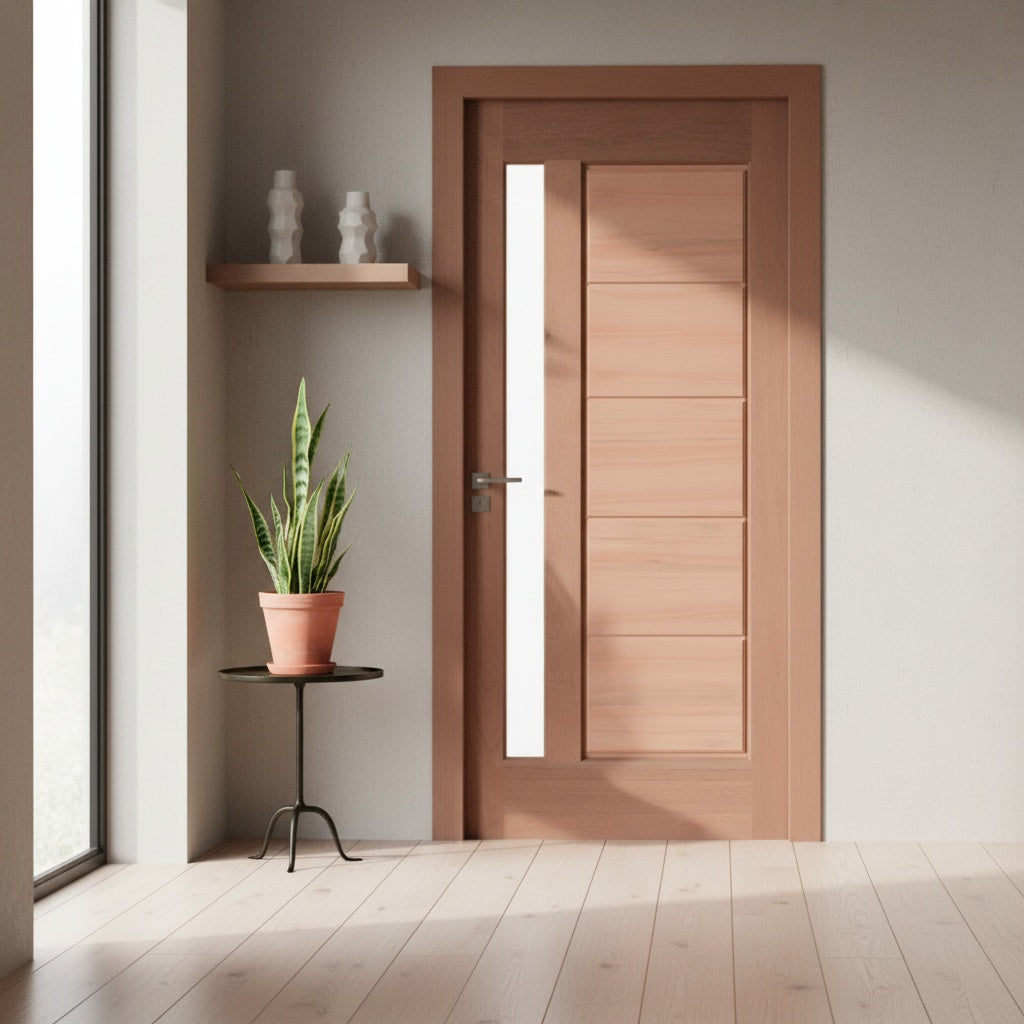 Porta Externa de Madeira Eucalipto Fingada | Ref 31 | Vidro Reto | Natural