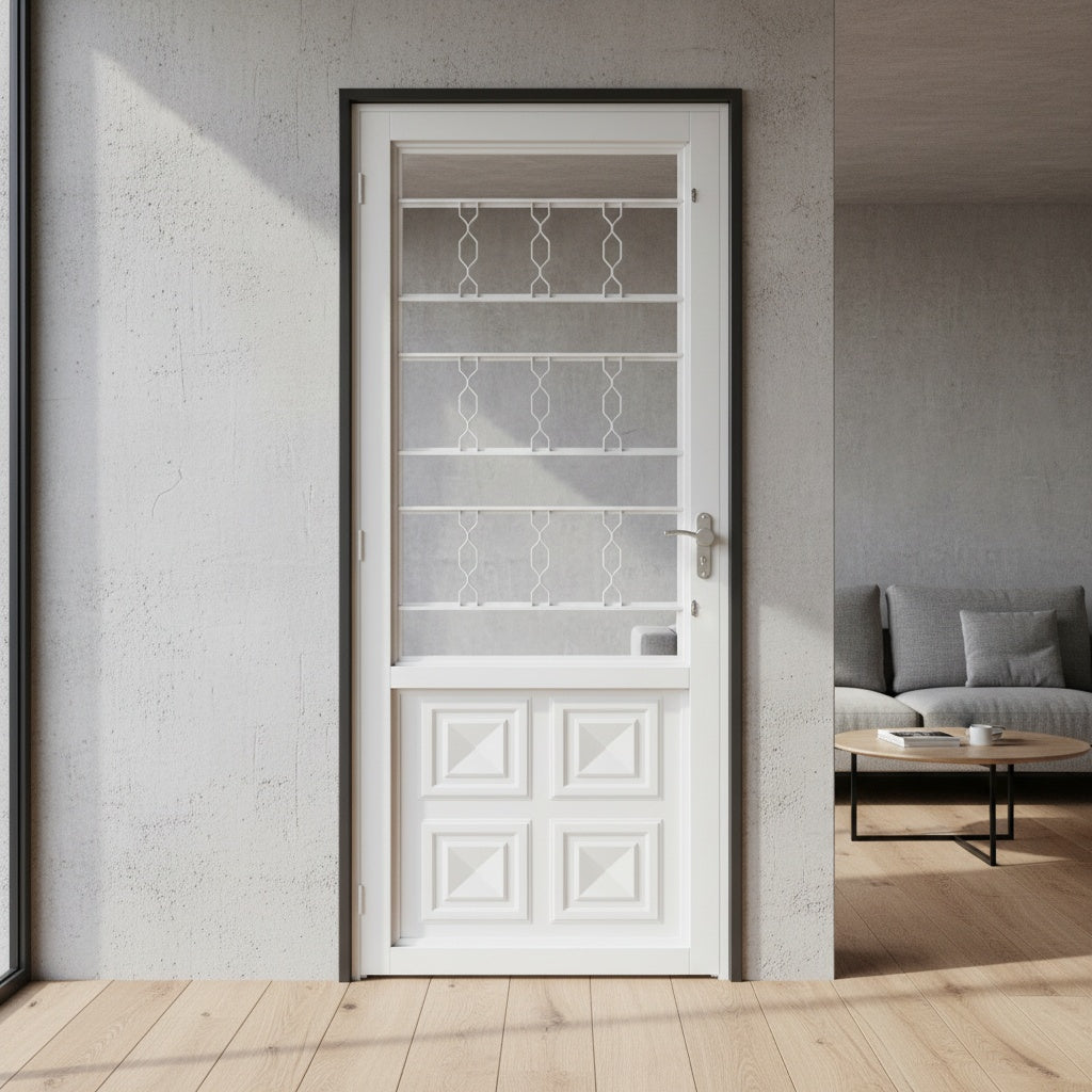 Porta com Caixilho de Aço Branco Laminado Reforçado com Postigo | 215 X 6,5 CM