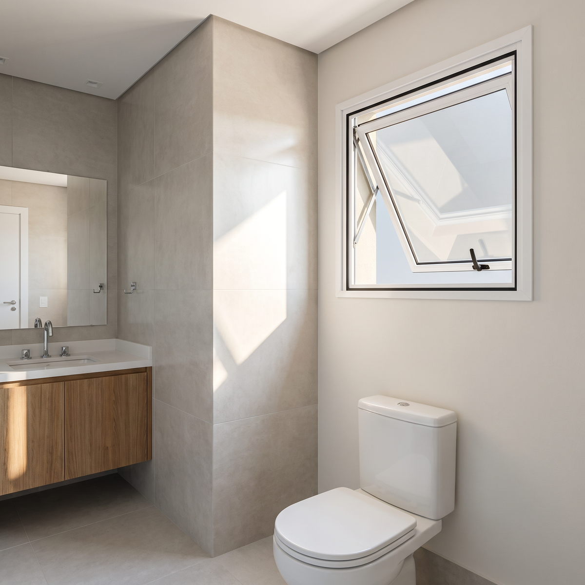 Janela Max-Ar de alumínio branca 60 x 60 cm instalada em banheiro para ventilação e luz natural