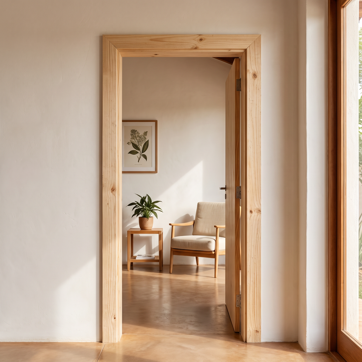 Vista de porta em madeira Pinus de 6 cm instalada em vão residencial, com acabamento natural
