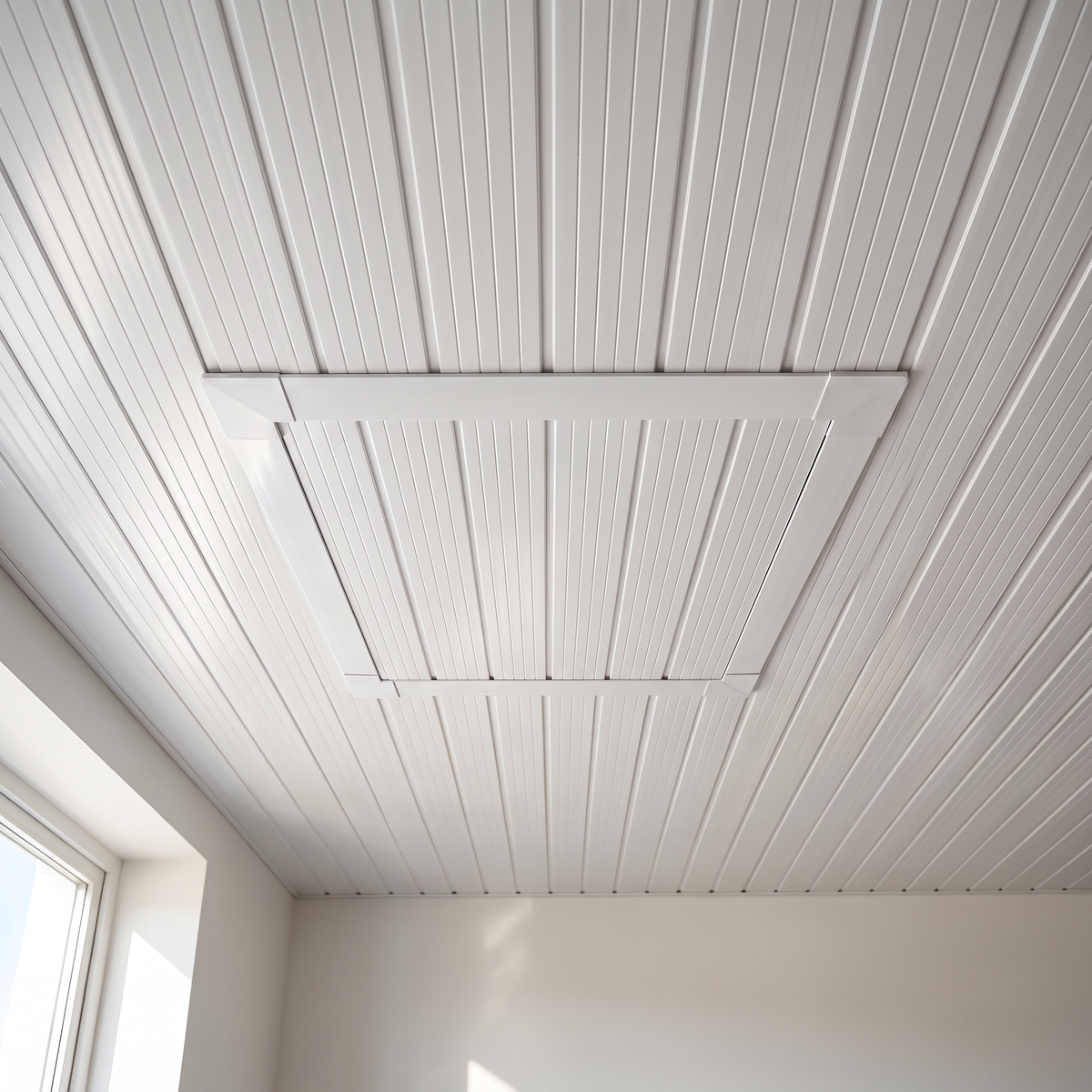 Kit alçapão de PVC 60 x 60 cm instalado em teto com forro branco para acesso à área técnica
