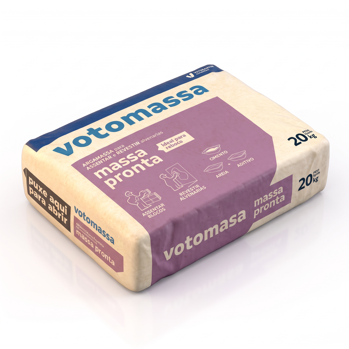Massa pronta Votomassa cinza de 20 kg, mistura dosada que requer adição de água indicada.