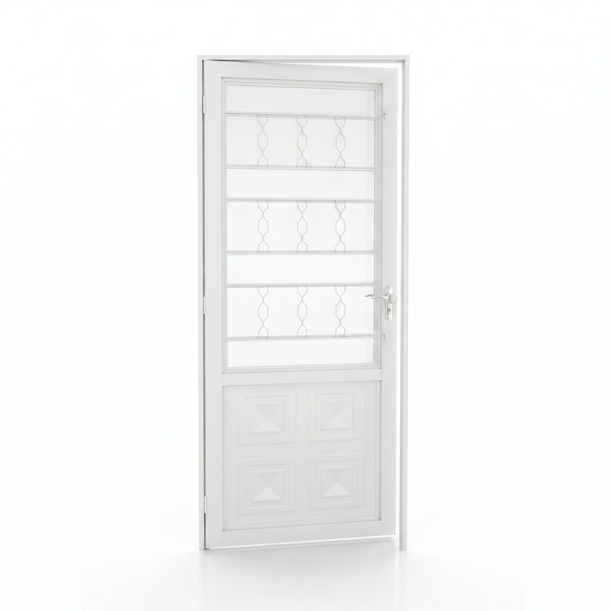 Estrutura da porta externa de aço branco com caixilho reforçado e postigo, destacando os elementos do modelo.