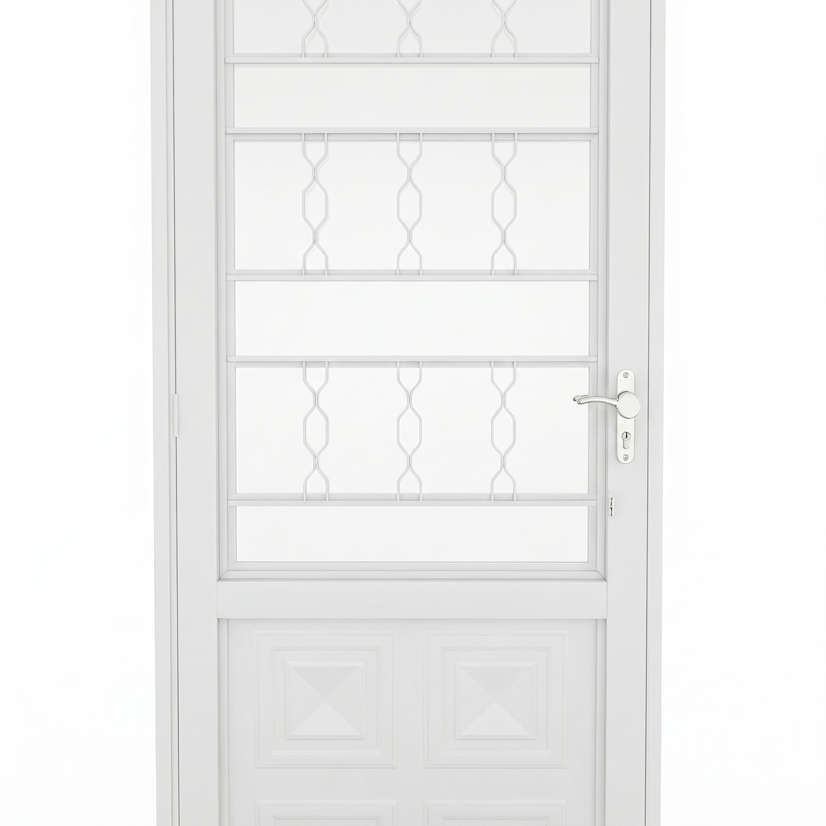 Acabamento e desenho da porta externa de aço branco com caixilho reforçado e postigo, referência de 215 x 6,5 cm.