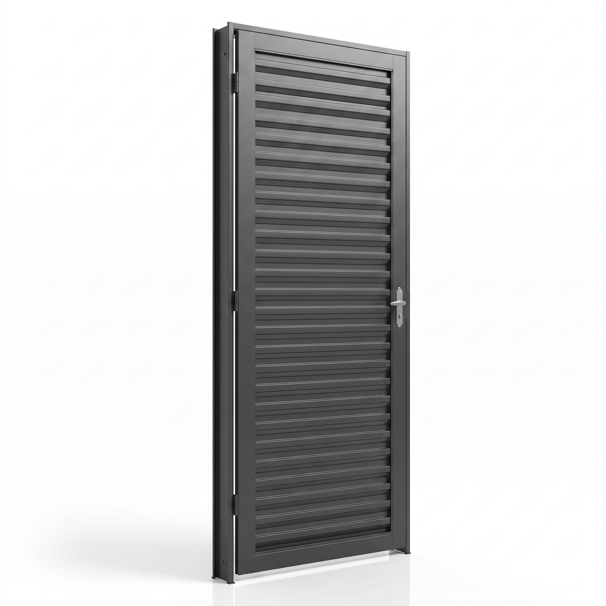 Estrutura da porta externa de aço com caixilho laminado reforçado, destacando os elementos do conjunto.