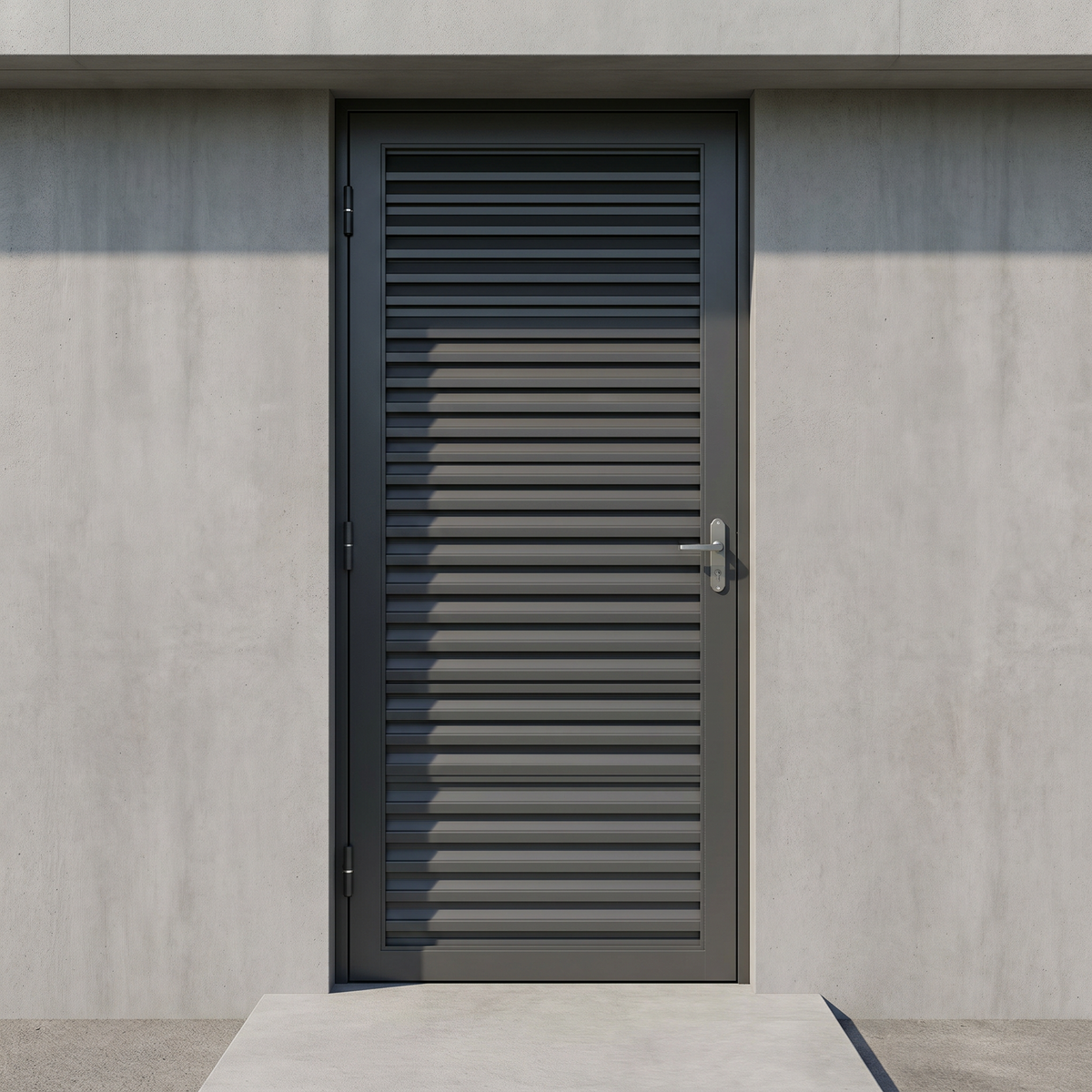 Vista complementar da porta externa de aço com caixilho laminado reforçado para identificação do modelo.