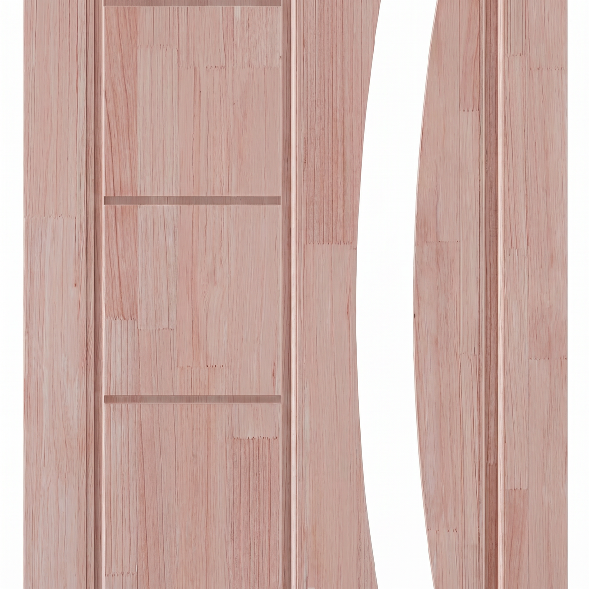 Porta externa de eucalipto fingado natural com abertura em arco para vidro Ref. 31, detalhe do acabamento.