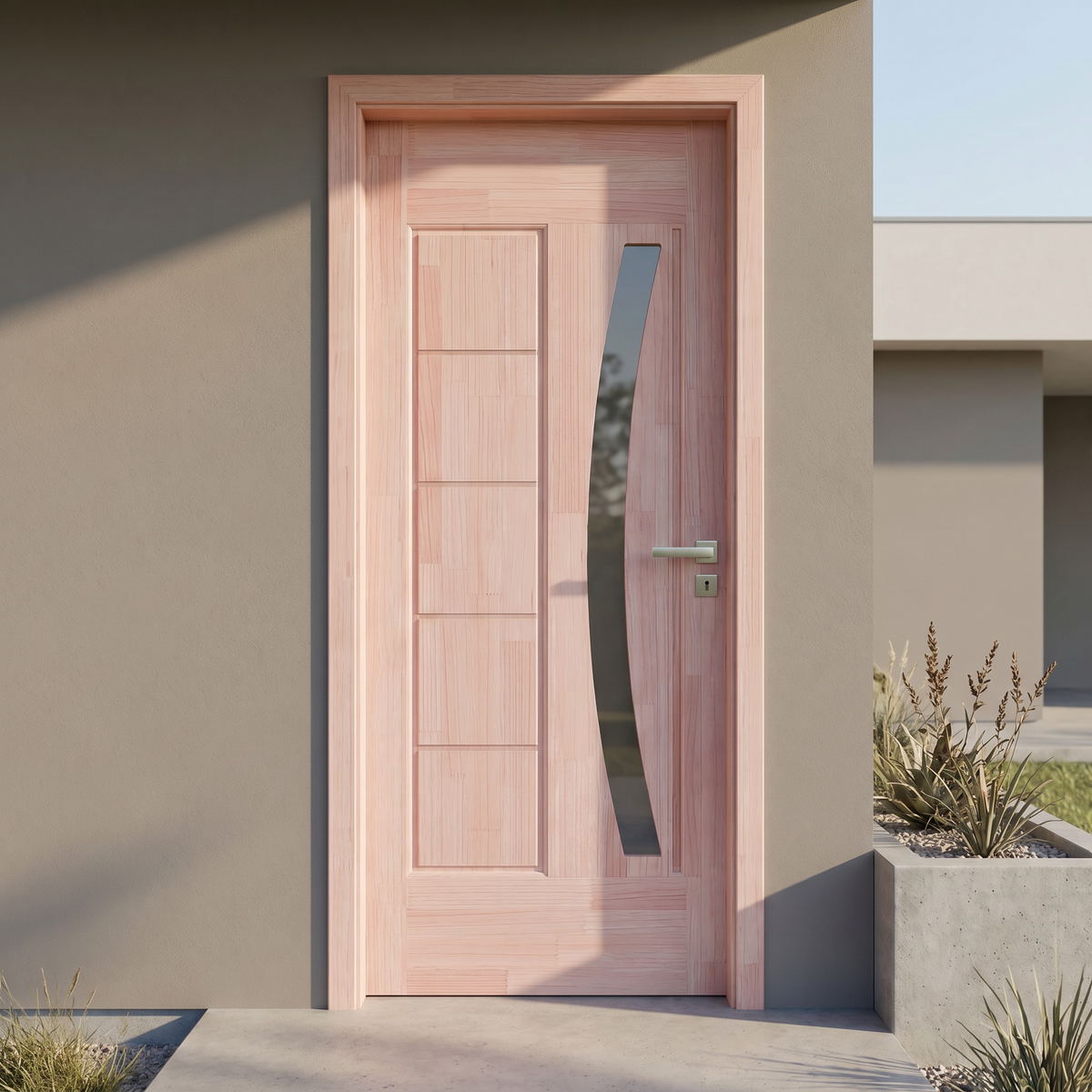 Porta externa de eucalipto fingado natural com abertura em arco para vidro Ref. 31, imagem complementar.
