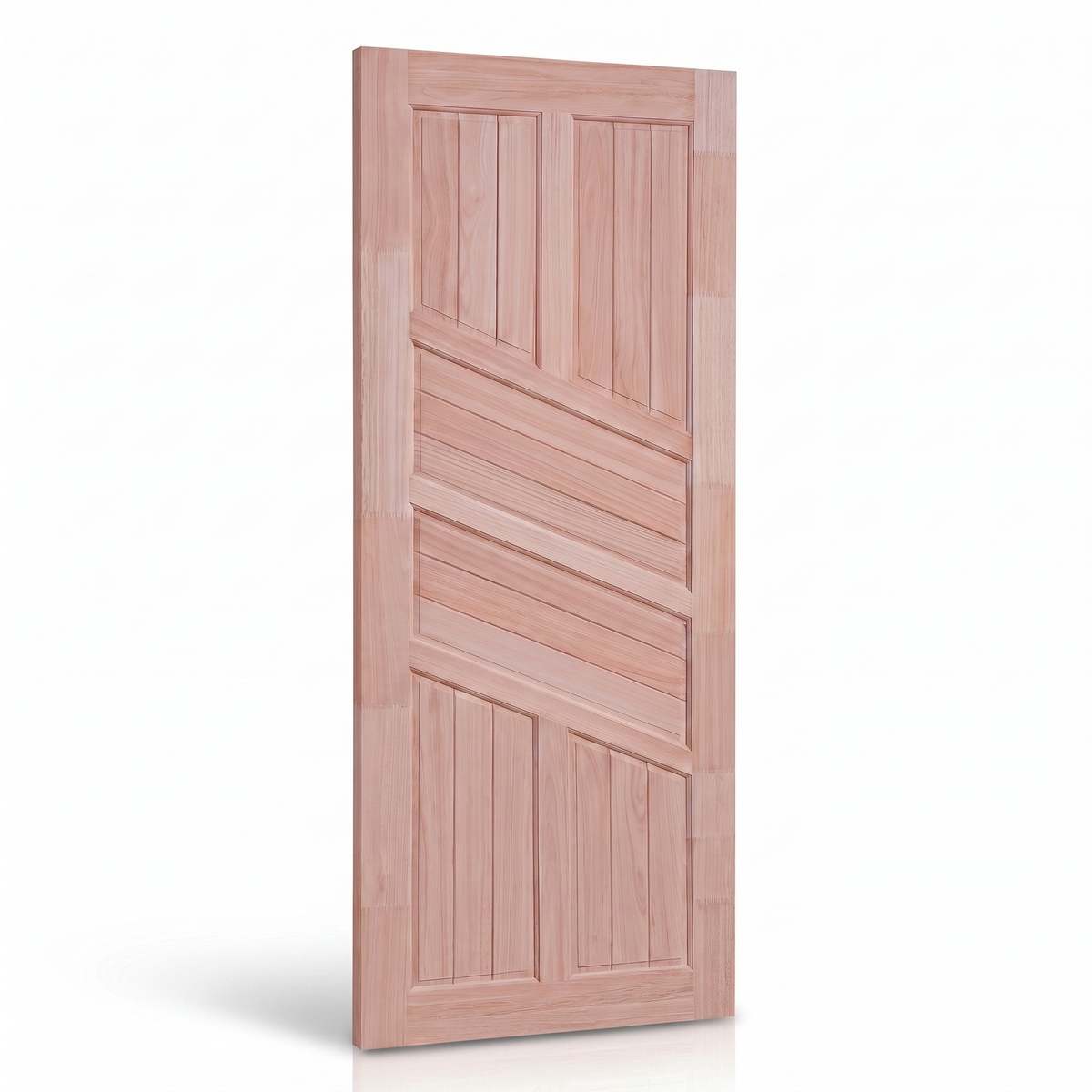 Detalhe da porta externa de Eucalipto Fingado natural Ref. 02, mostrando painéis e proporções