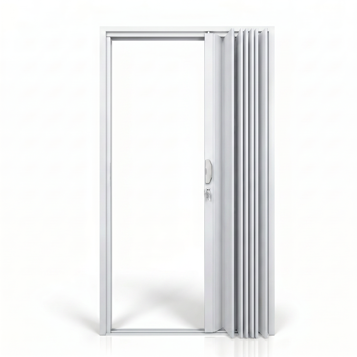 Porta interna sanfonada Polifort, detalhe da estrutura articulada em PVC branco.
