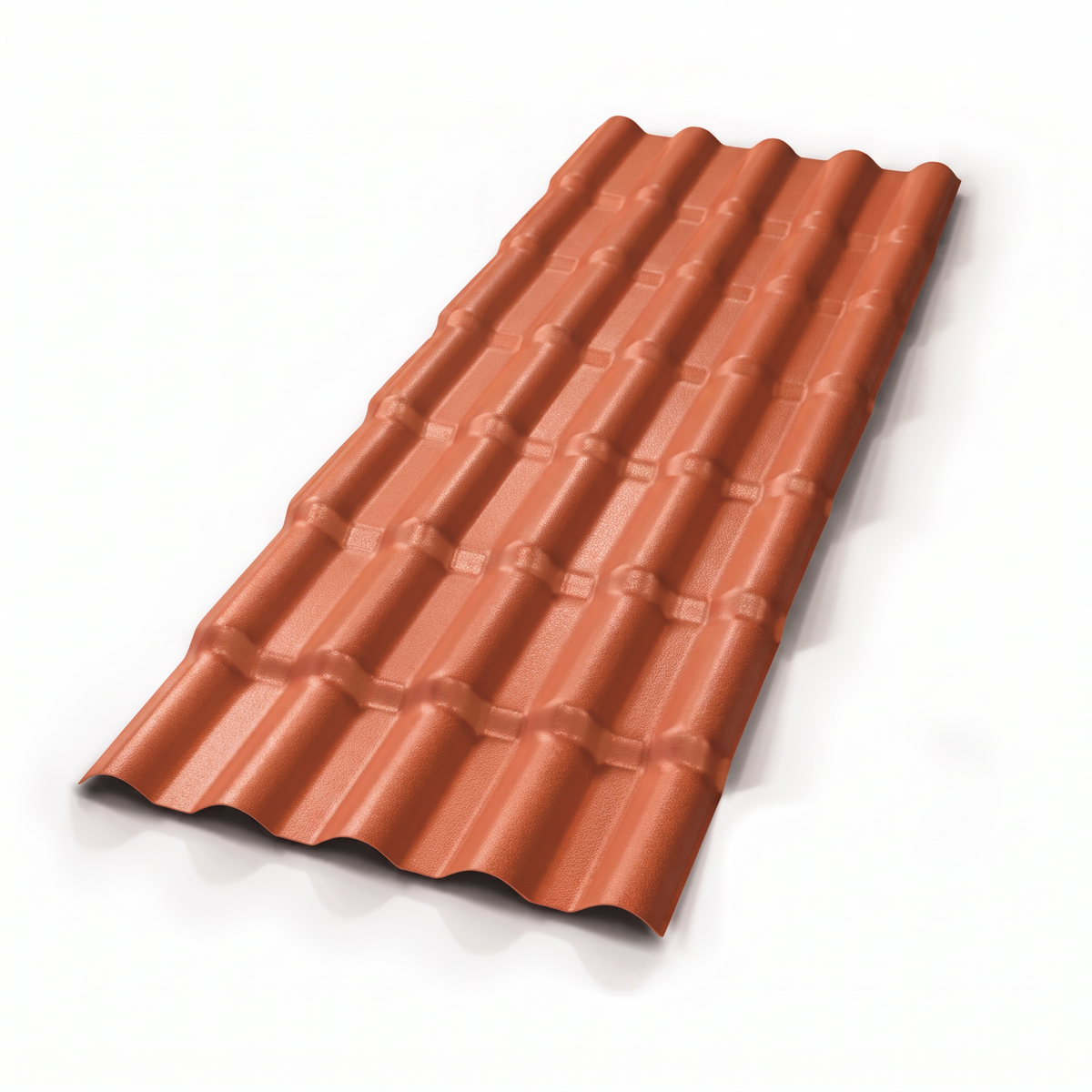 Detalhe da telha PVC para cobertura mostrando o perfil moldado tipo colonial e o acabamento em tom terracota