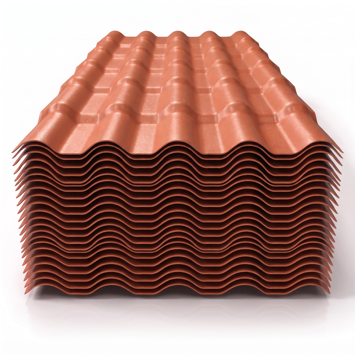 Telhas PVC para cobertura empilhadas, mostrando a repetição do perfil moldado e o acabamento terracota das peças