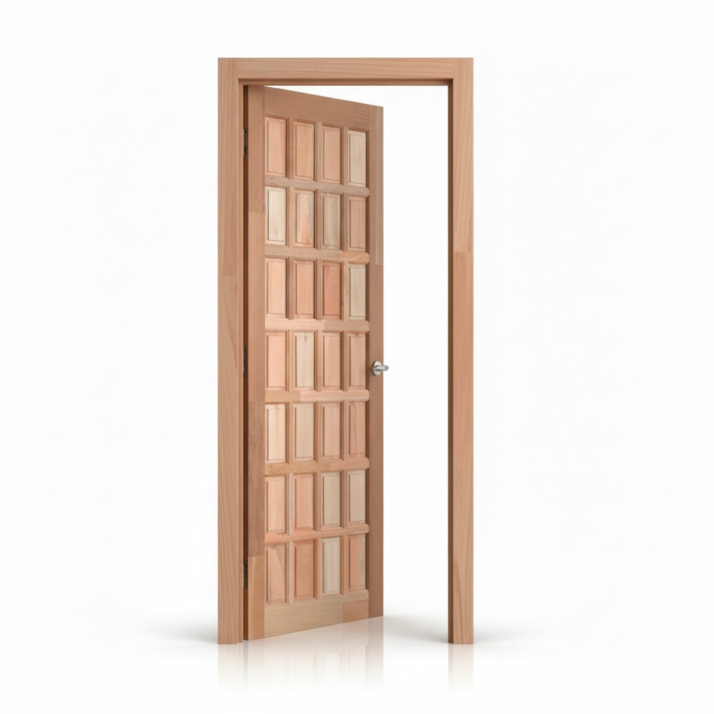 Porta Externa de Madeira Eucalipto Fingada | Ref 15 | 28 Almofadas | Natural