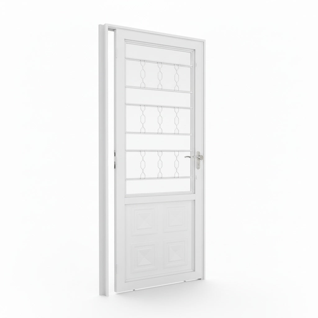 Porta com Caixilho de Aço Branco Laminado Reforçado com Postigo | 215 X 6,5 CM
