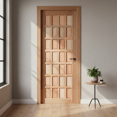 Porta Externa de Madeira Eucalipto Fingada | Ref 15 | 28 Almofadas | Natural