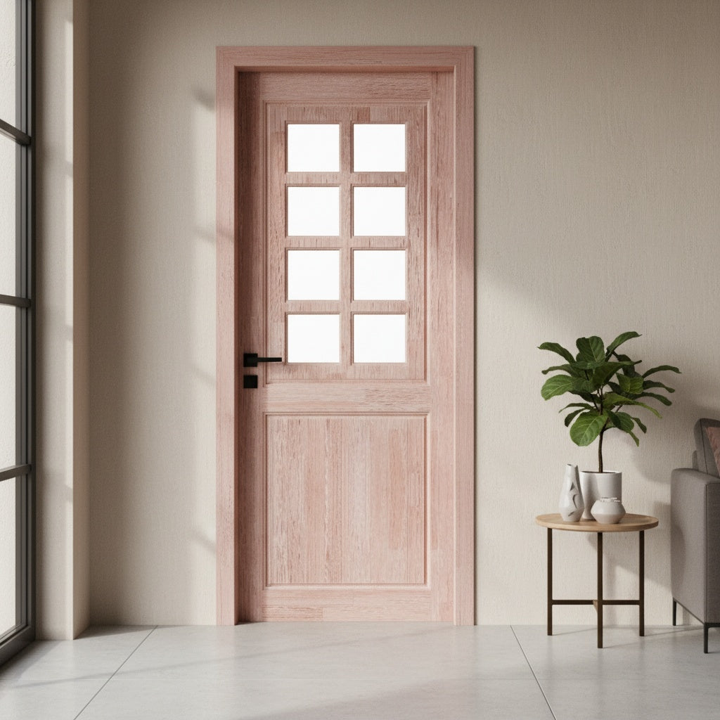 Porta Externa de Madeira Eucalipto Fingada | Ref 28 | Com Vidro | Natural