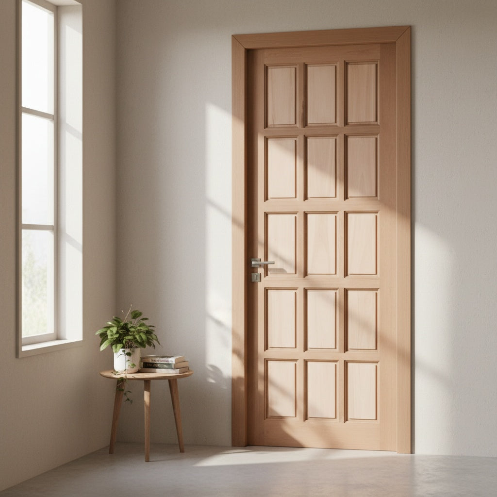 Porta Externa de Madeira Eucalipto Fingada | Ref 10 | 15 Almofadas | Natural