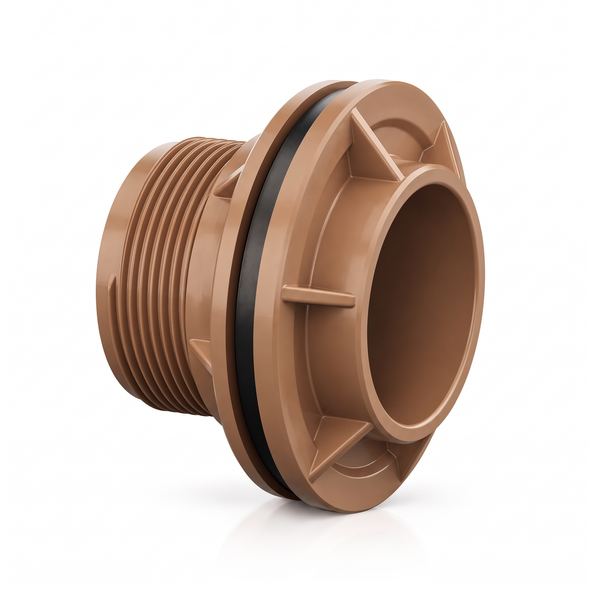 Adaptador soldável com flange Plastilit, para ligações de entrada e saída da caixa-d’água.