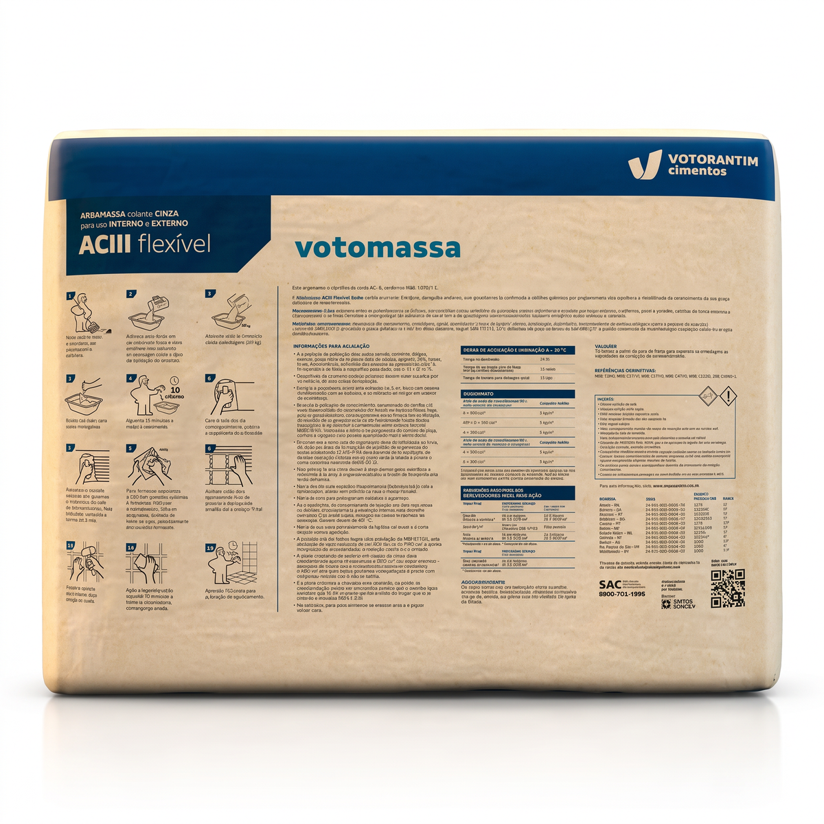 Argamassa AC-III Votomassa cinza de 20 kg, formulação colante com aderência e flexibilidade.