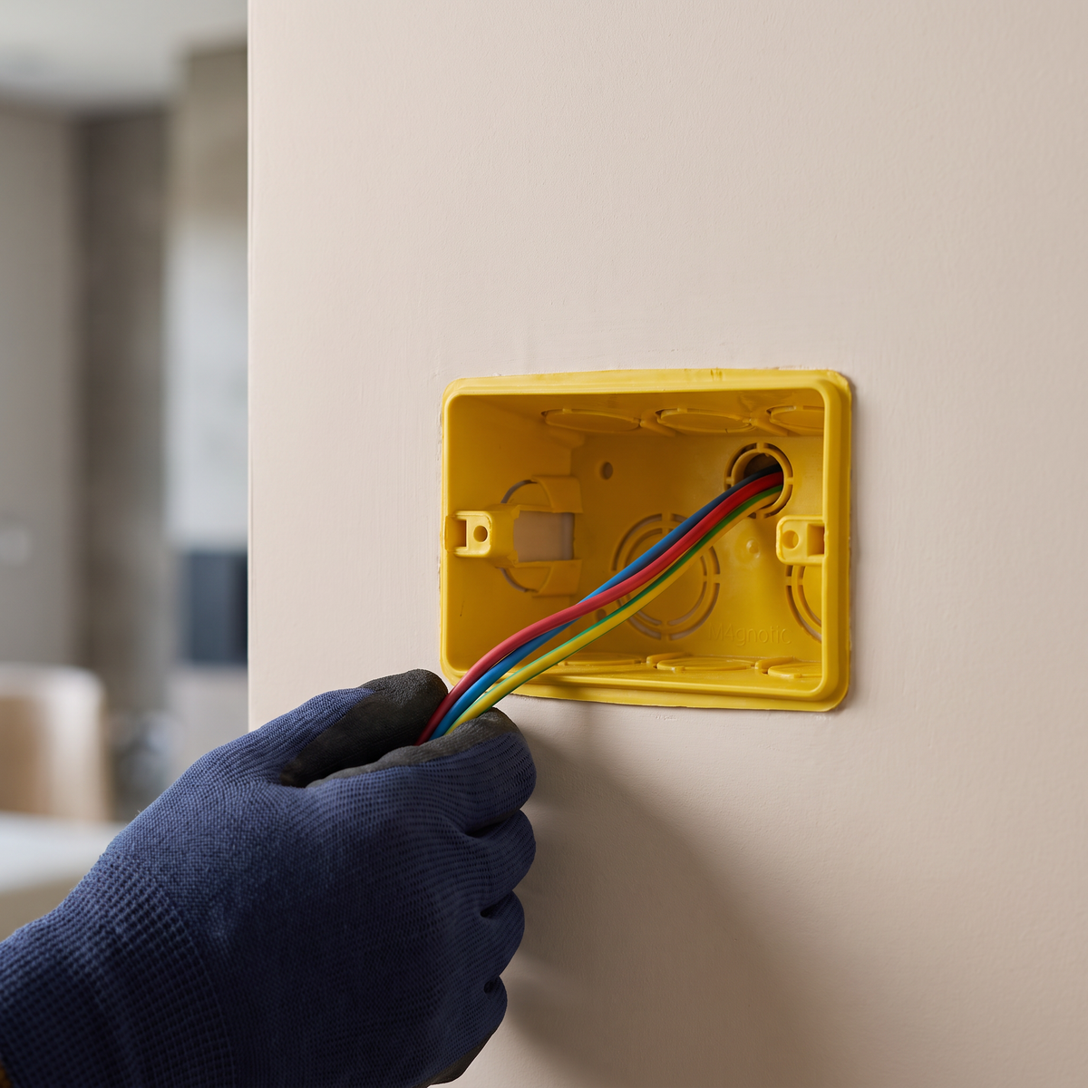 Caixa de luz Plastilit amarela 4 x 2, para organização dos condutores na instalação.