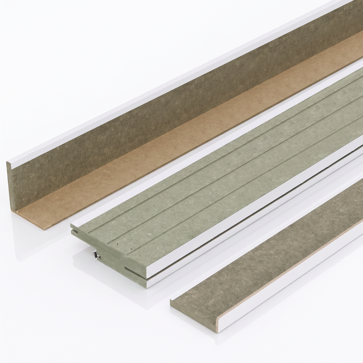 Componentes do caixilho MDF Ultra Fundo Branco com vistas reguláveis de 7 cm, mostrando o sistema de ajuste