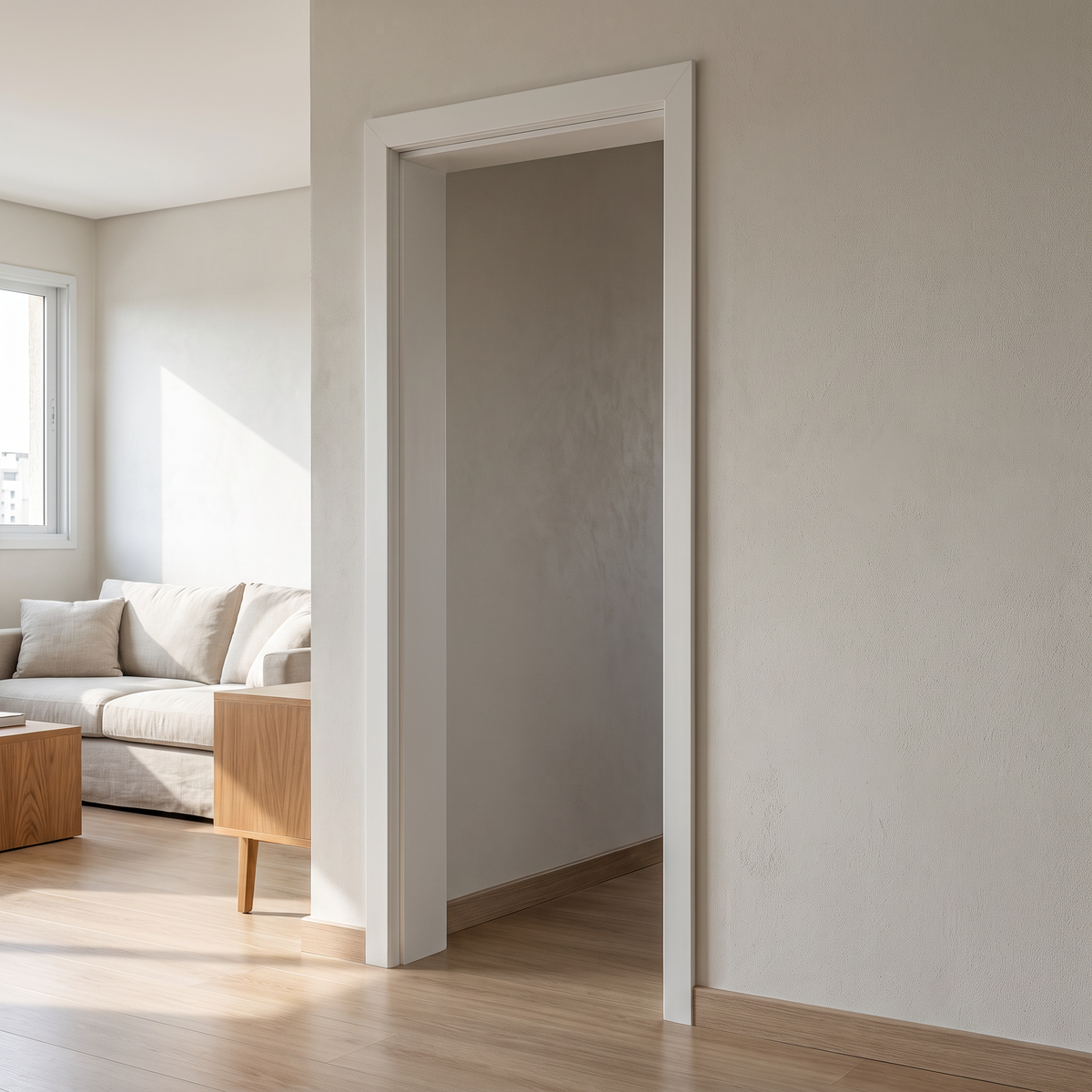 Caixilho MDF Ultra branco com vistas reguláveis de 7 cm instalado em vão de porta residencial