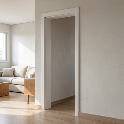 Caixilho MDF Ultra branco com vistas reguláveis de 7 cm instalado em vão de porta residencial