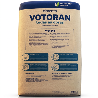 Cimento Portland CP II Votorantim de 50 kg, apresentação comercial em saco de 50 kg.