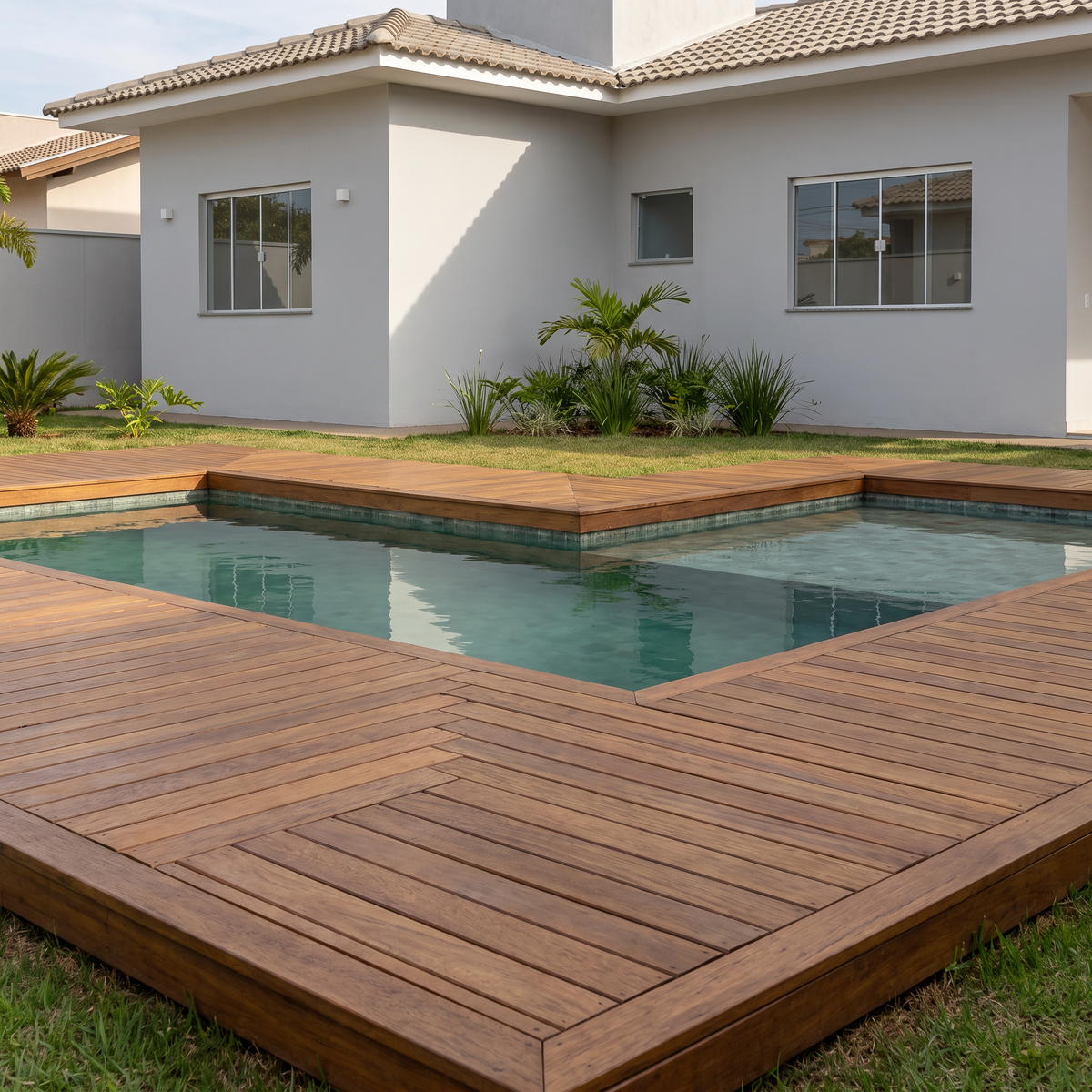 Deck de Itaúba Comercial instalado próximo à piscina residencial, com réguas naturais sob luz solar.