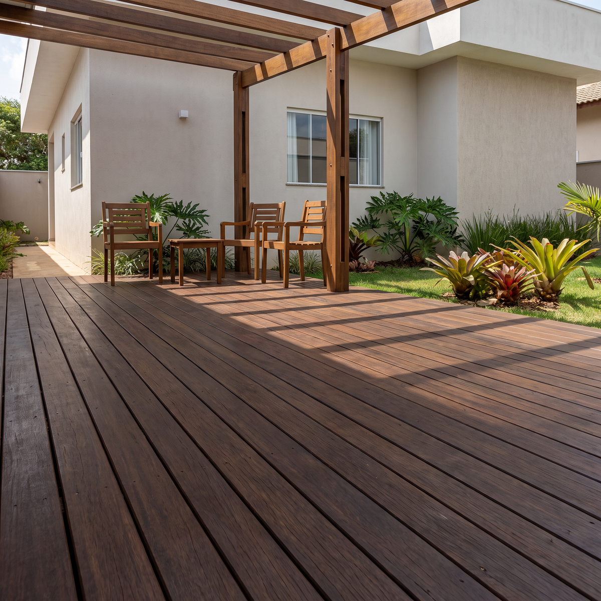 Deck Itaúba 1ª Linha instalado sob pergolado residencial, com réguas escuras e luz solar natural.
