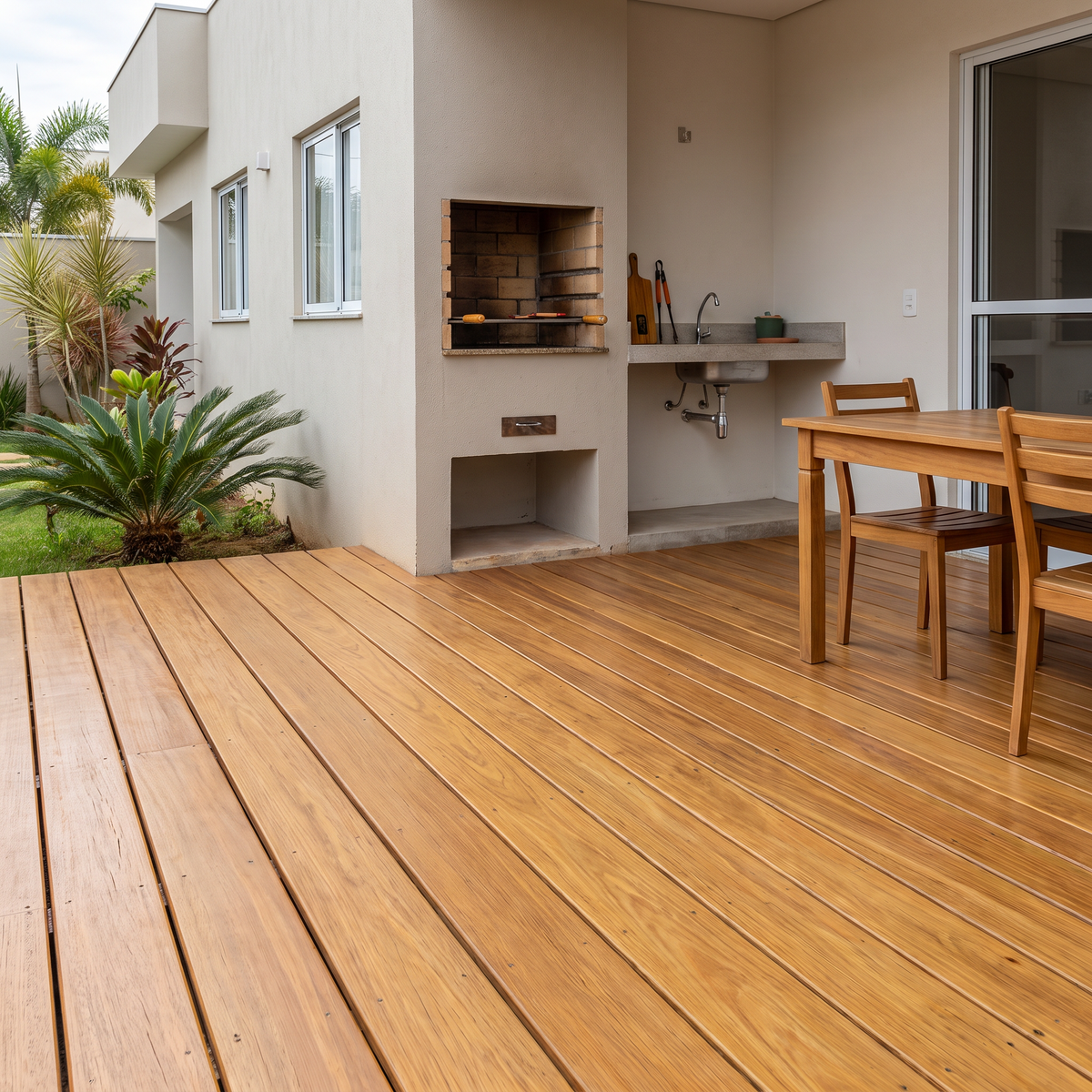 Deck de Oiticica Amarela instalado em área externa residencial, com madeira dourada e acabamento natural.
