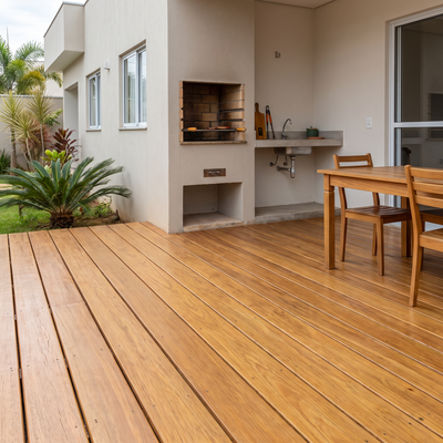 Deck de Oiticica Amarela instalado em área externa residencial, com madeira dourada e acabamento natural.