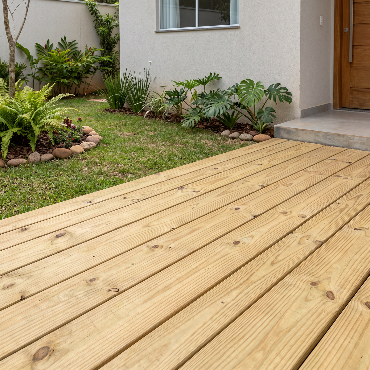 Deck de Pinus Tratado instalado em jardim residencial, com réguas claras e vegetação sob luz solar natural.