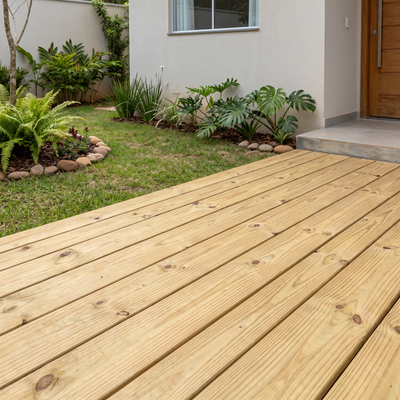 Deck de Pinus Tratado instalado em jardim residencial, com réguas claras e vegetação sob luz solar natural.