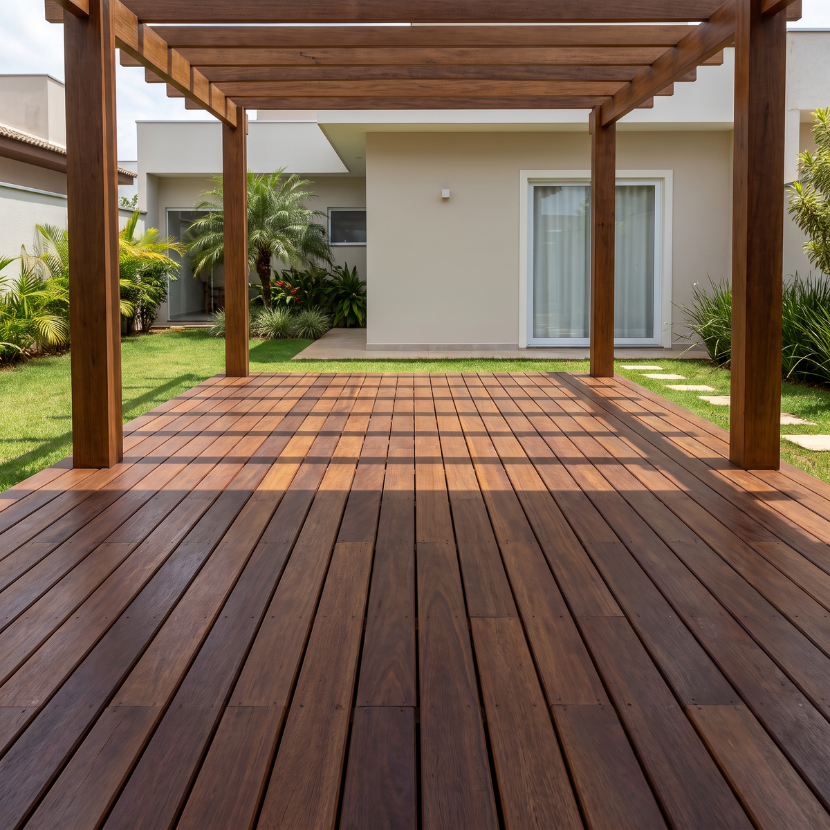 Deck de Sucupira Preta instalado sob pergolado residencial, com madeira escura e acabamento natural fosco.