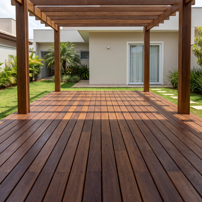 Deck de Sucupira Preta instalado sob pergolado residencial, com madeira escura e acabamento natural fosco.