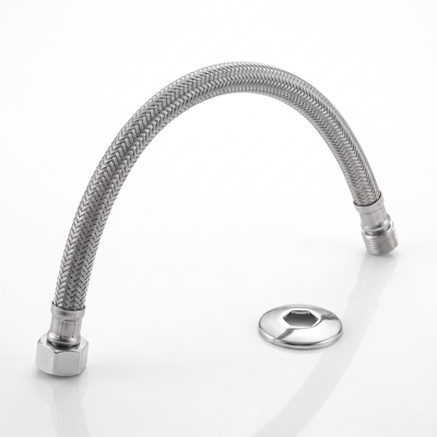 Engate flexível trançado em inox Plastilit, para conectar o ponto de água ao aparelho sanitário.