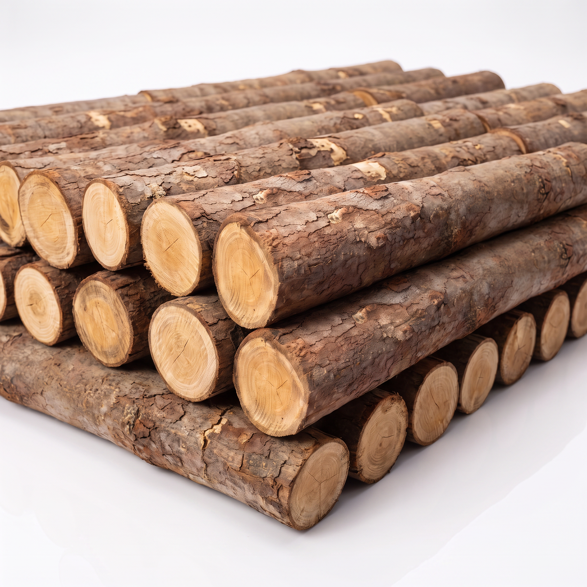 Conjunto de escoras de eucalipto empilhadas, mostrando diâmetros naturais e extremidades cortadas das peças.