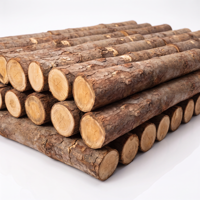 Conjunto de escoras de eucalipto empilhadas, mostrando diâmetros naturais e extremidades cortadas das peças.