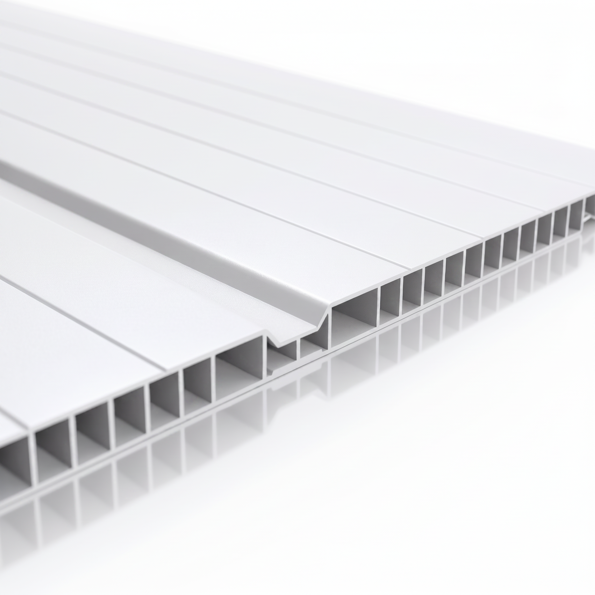 Seção interna do forro de PVC Polifort branco neve 8 mm mostrando câmaras estruturais e bordas de encaixe