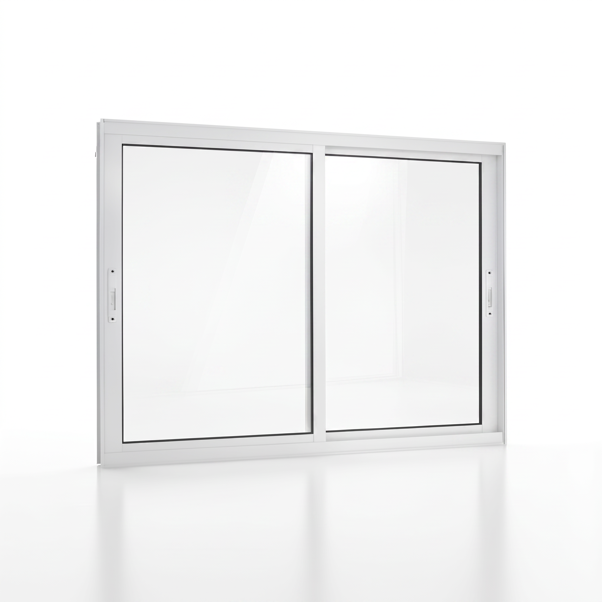 Janela de PVC branca com 2 folhas vista de frente, com perfis retos e vidros incolores