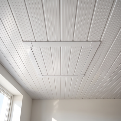 Kit alçapão de PVC 60 x 60 cm instalado em teto com forro branco para acesso à área técnica