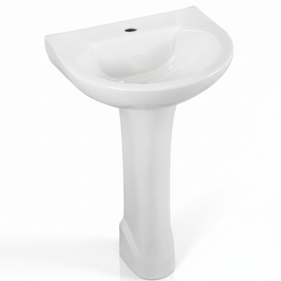 Lavatório branco com coluna, conjunto para o ponto de lavagem das mãos.