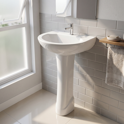 Lavatório branco com coluna, conjunto para ligações de água e esgoto compatíveis.
